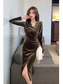 Outlet Long sleeve simple split pinched waist retro dress