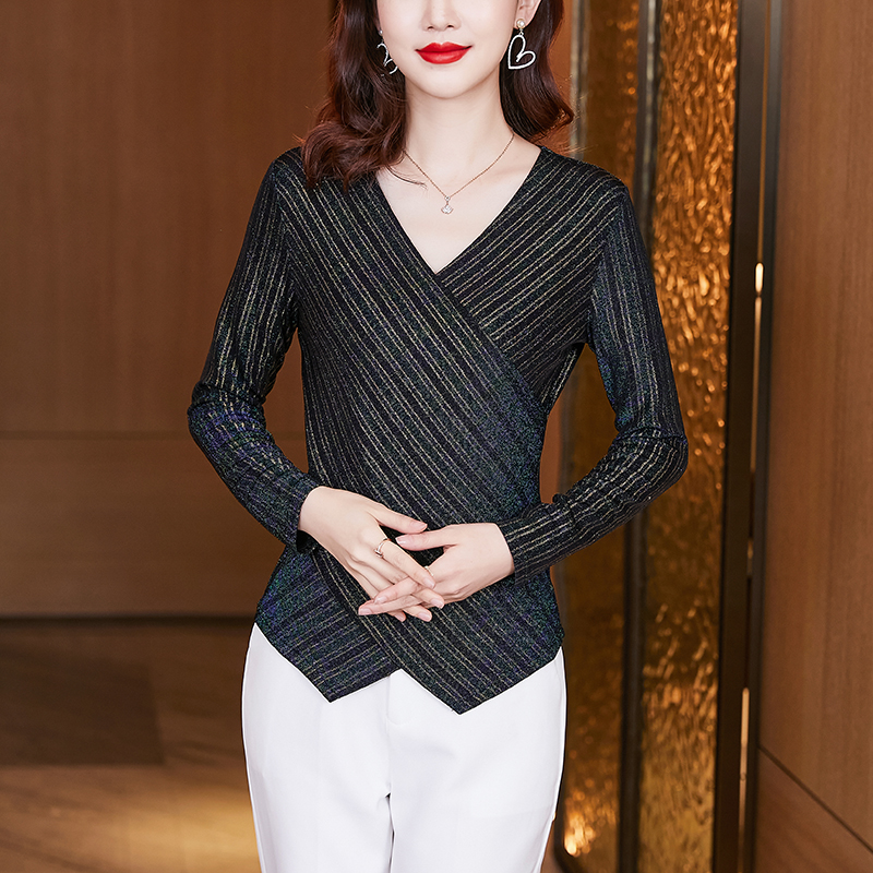 Outlet Knitted V-neck chiffon shirt slim bottoming shirt for women
