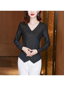 Outlet Knitted V-neck chiffon shirt slim bottoming shirt for women