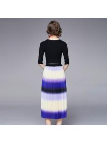 Outlet Pleated knitted belt autumn round neck dress for women