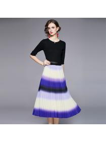 Outlet Pleated knitted belt autumn round neck dress for women