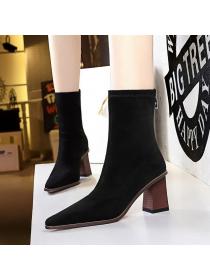 Outlet wood grain heel thick heel high fashion sexy lean suede small square toe ankle boots winte...