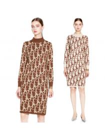 New Vintage Style Knitting Letter Long-sleeved A-line Dress 
