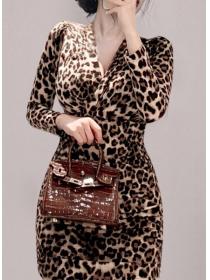 Leopard Grain  V  Neck Printing Drape Dress