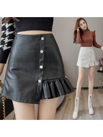 Lastest Autumn Fashion Plain PU Pleated Skirt