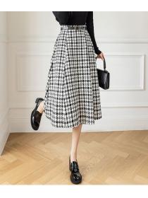 Korea style Vintage fashion High waist Plaid Long skirt With belt