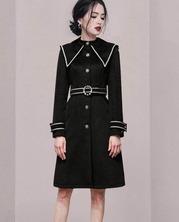 Korean Style Stand Collars Bead Matching Fashion Coat