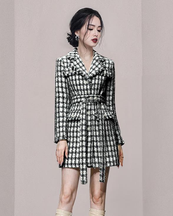 Grace Fashion Grid Printing Fashion Long Coat