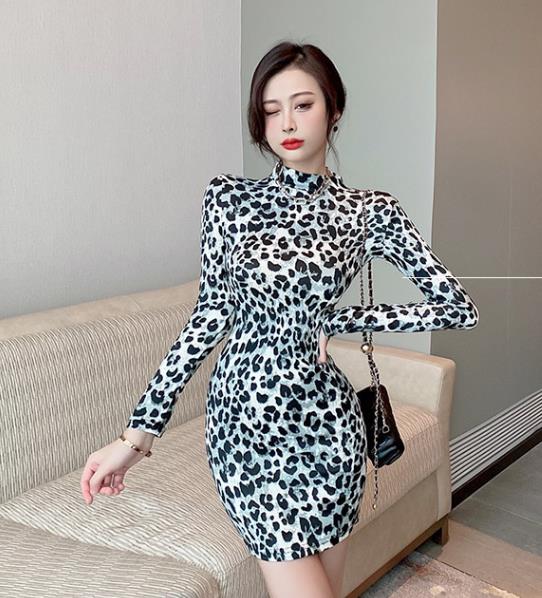 On Sale Stand Collars Lace Up Leopard Grain  Dress