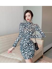 On Sale Stand Collars Lace Up Leopard Grain  Dress