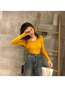 Outlet V-neck knit long sleeve slim body tight warm bottom top retro pullover slim sweater