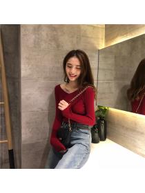 Outlet V-neck knit long sleeve slim body tight warm bottom top retro pullover slim sweater