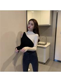 Outlet Autumn and winter new slim slimming color matching off-the-shoulder sweater top for women 