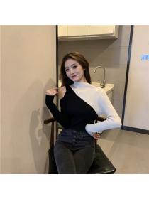 Outlet Autumn and winter new slim slimming color matching off-the-shoulder sweater top for women 