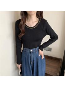 Outlet Autumn round-neck chain pullover long-sleeved sweater slim slimming all-match blouse for women