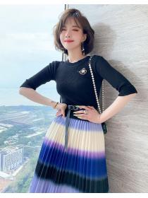 On Sale Knitting Pure Color Top+Gradient Ramp  Drape Skirt 