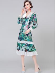 European Style  Doll Collars Wave Point Printing Dress 