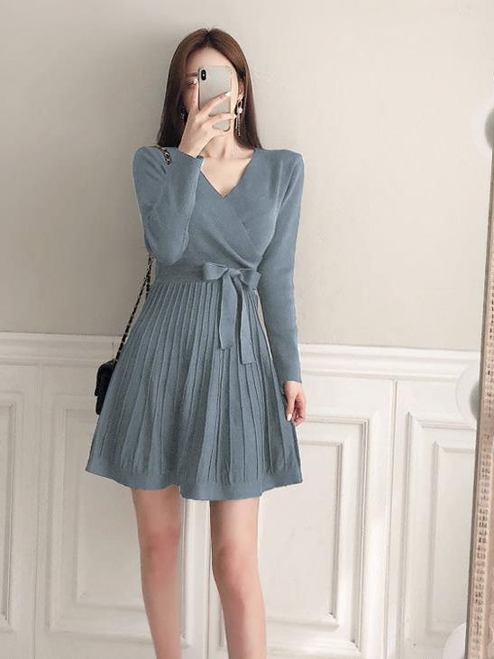 On Sale Pure Color  V neck Knitting Dress