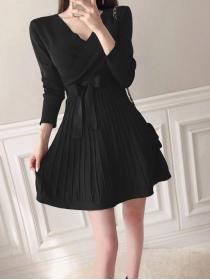 On Sale Pure Color  V neck Knitting Dress 