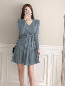 On Sale Pure Color  V neck Knitting Dress 