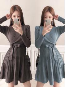 On Sale Pure Color  V neck Knitting Dress 