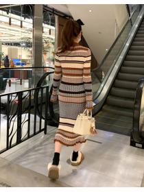 Outlet Stripe Knitting Color Matching Dress 