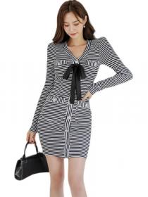 For Sale V Neck Stripe Fashion Bowknot Dress 
