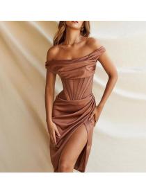 Outlet hot style sexy single-shouder pleated split boned dress
