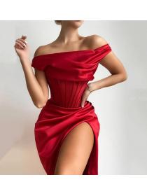 Outlet hot style sexy single-shouder pleated split boned dress 