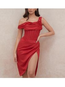 Outlet hot style sexy single-shouder pleated split boned dress 