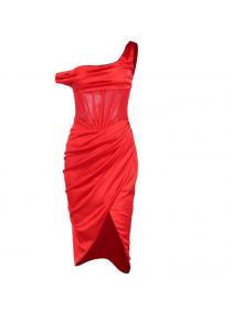 Outlet hot style sexy single-shouder pleated split boned dress 