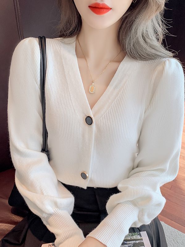 On Sale Puff Sleeve V Neck Knitting Top