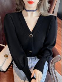 On Sale Puff Sleeve V Neck Knitting Top 
