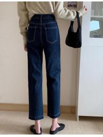 Korean Style Tall Waist Pure Color Denim Pants 