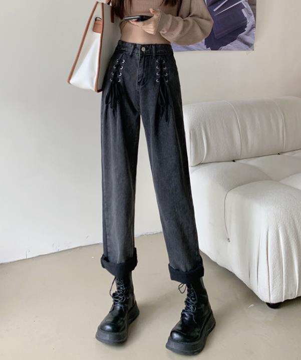 Korean Style Tall Waist Pure Color  Side Lace Lace Denim Pants