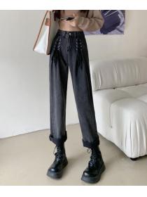  Korean Style Tall Waist Pure Color  Side Lace Lace Denim Pants 