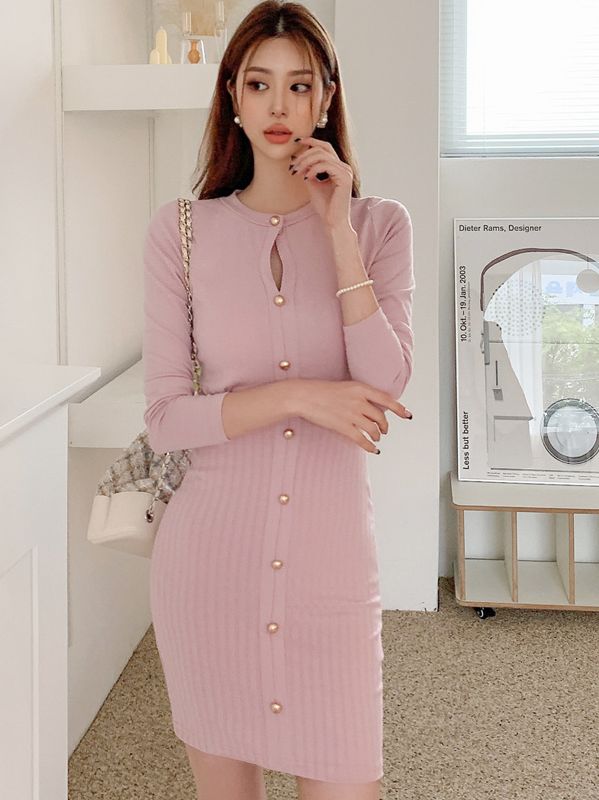 Korean Style Pure Color Button Matching Knitting Dress