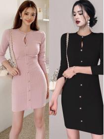 Korean Style Pure Color Button Matching Knitting Dress 