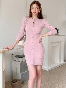 Korean Style Pure Color Button Matching Knitting Dress 