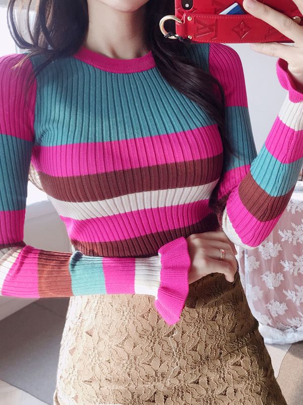 On Sale Knitting Color Matching Sweet Top