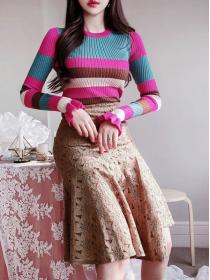 On Sale Knitting Color Matching Sweet Top