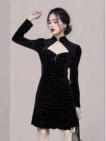 Korean Style Stand Collars Velvet  Falbala  Nobel Dress 