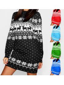 The Autumn and winter women's new Christmas printed round-neck long sleeve dress