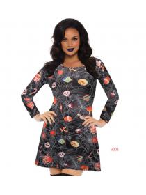 Outlet Halloween costume combination set skeleton pumpkin print long-sleeved dress