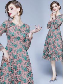 European Style Show Waist Printing Fashion Dress 