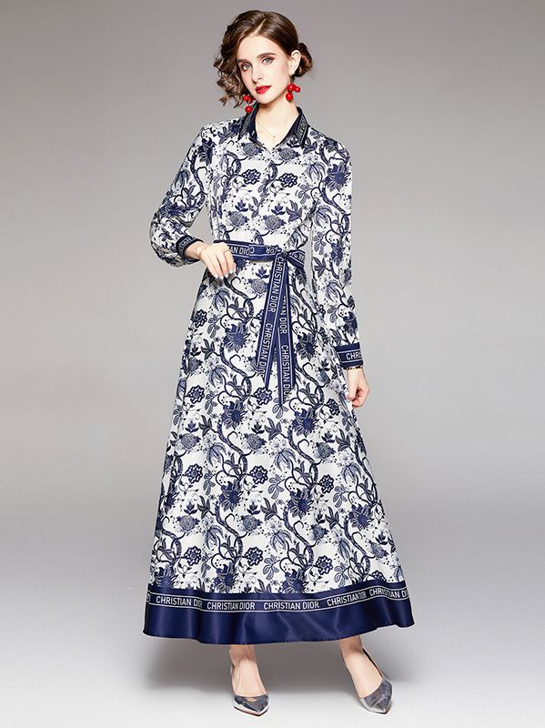 European Style Show Waist Printing Fashion Dress