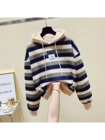 Outlet Autumn and winter new cashmere Korean fashion stripe matching hoodie casual loose jacket