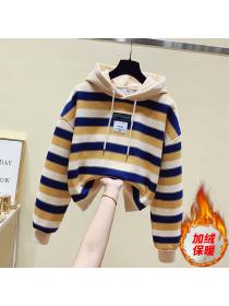 Outlet Autumn and winter new cashmere Korean fashion stripe matching hoodie casual loose jacket