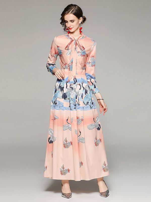 European Style Show Waist Printing Fashion Dress