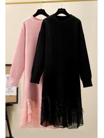 Outlet Autumn winter new stylish thin long sweater splicing lace knit dress